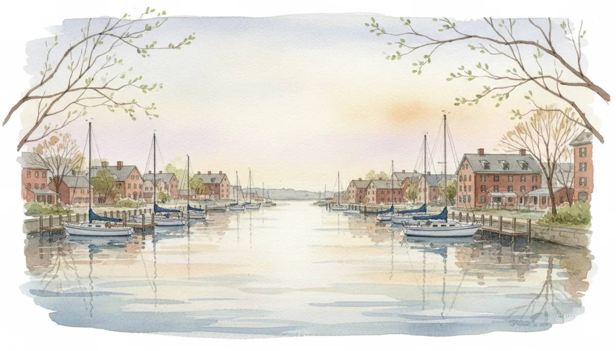 authentic hand-painted watercolor print of Beverly, MA harbor in early spring at golden hour, sailboats still docked, soft pastel sky, bare trees just beginning to bud along the shoreline, historic red-brick buildings in the distance, subtle reflections on calm water, neutral and muted coastal color palette