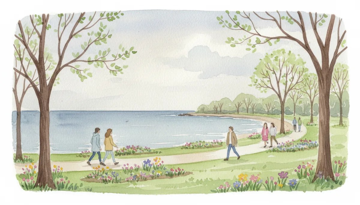 authentic hand-painted watercolor print of a springtime walk at Lynch Park in Beverly, MA, gentle shoreline curve, people strolling in light jackets, early green grass, hints of flowers in garden beds, calm blue-gray ocean, soft neutral sky with light clouds