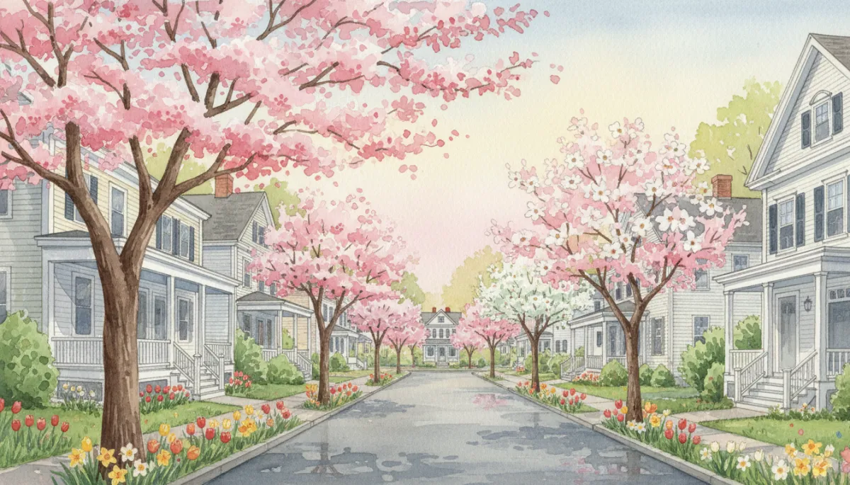 authentic hand-painted watercolor print of a residential Beverly, MA street in spring, historic New England houses with front porches, flowering trees with pink and white blossoms, modest front gardens with tulips and daffodils, soft neutral tones and gentle afternoon light
