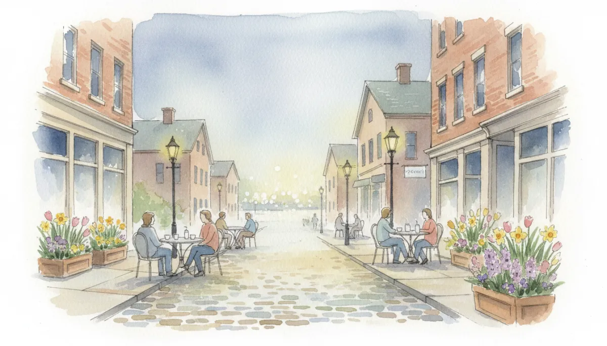 authentic hand-painted watercolor print of a quiet Beverly, MA spring evening downtown, small group of people sitting at outdoor café tables, soft streetlights, planters with early flowers, glimpses of harbor light in the distance, neutral and muted pastel tones