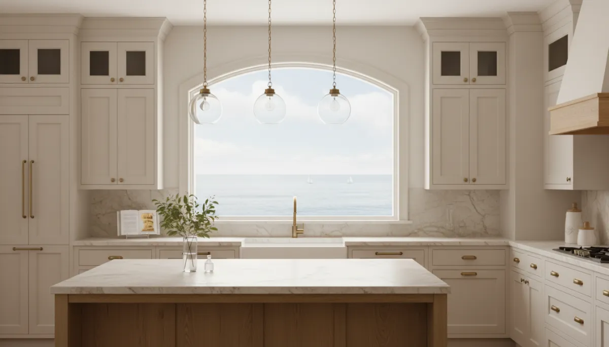 Updated coastal kitchen with simple modern lighting and hardware