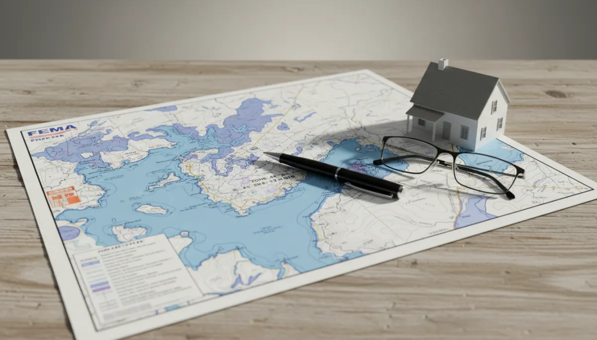Printed FEMA flood map of a North Shore Massachusetts coastal town on a table