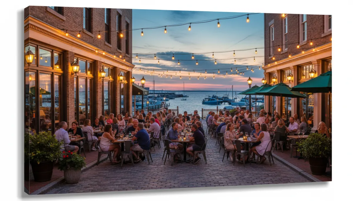 People enjoying a lively downtown street with outdoor dining and harbor views on a spring evening People enjoying a lively downtown street with outdoor dining and harbor views on a spring evening