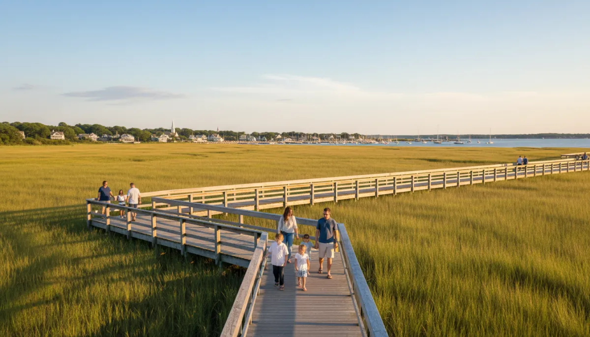 Families walking along a boardwalk through a North Shore salt marsh on a sunny May day Families walking along a boardwalk through a North Shore salt marsh on a sunny May day