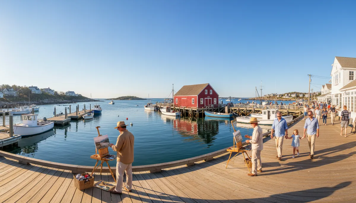 Motif No. 1 and Rockport harbor bustling with artists and visitors on a sunny festival day Motif No. 1 and Rockport harbor bustling with artists and visitors on a sunny festival day