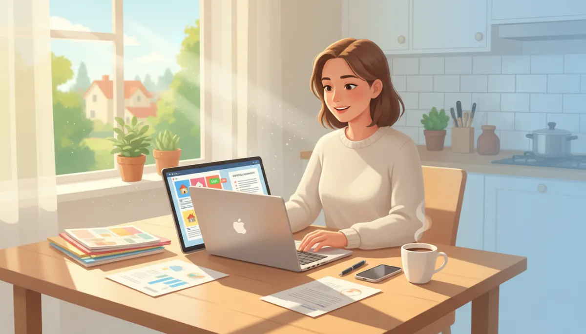 First-time home buyer reviewing mortgage documents and home listings on a laptop at a bright kitchen table in natural daylight