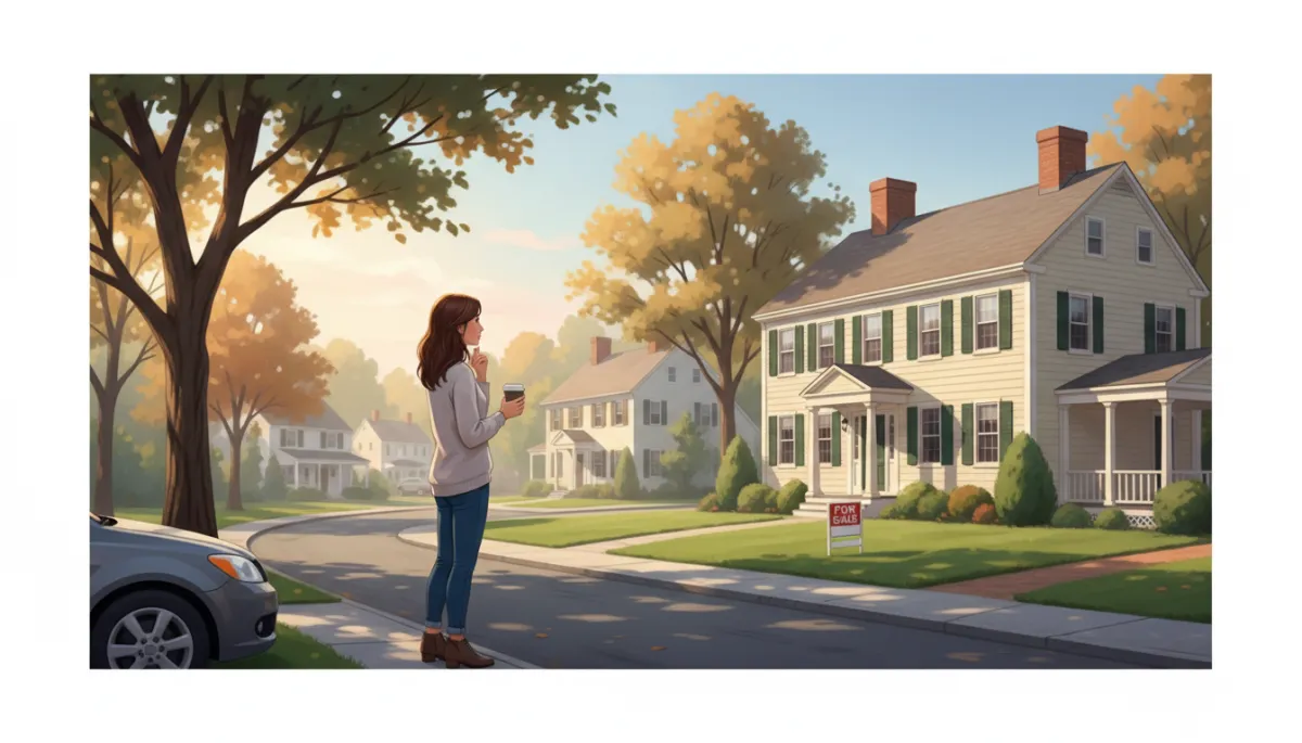 First-time home buyer standing on a quiet North Shore Massachusetts street looking thoughtfully at a colonial home in natural morning light