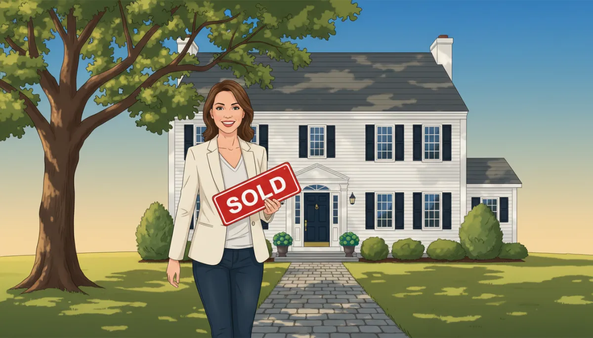 Confident home buyer walking up the front path of a North Shore Massachusetts colonial home with a navy blue door on a sunny day