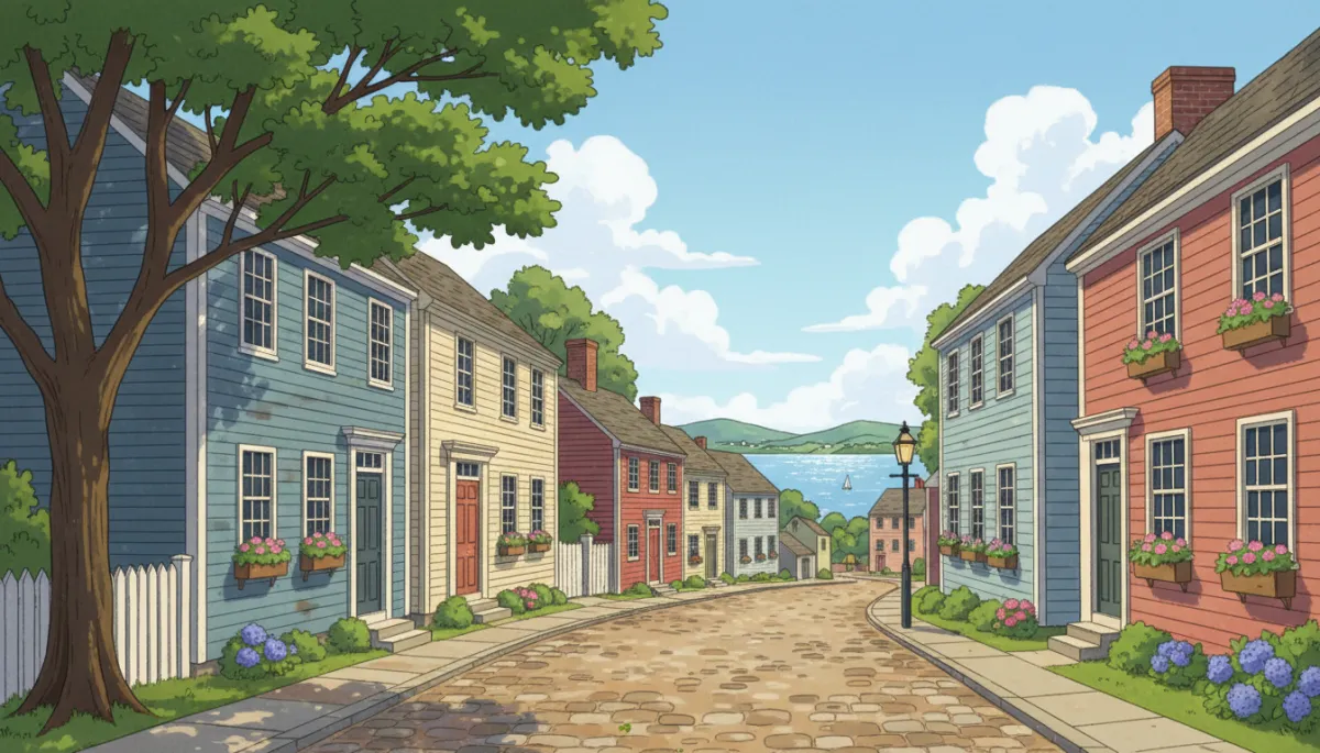 Sunny street scene of a historic North Shore Massachusetts coastal town with colonial homes and blue sky