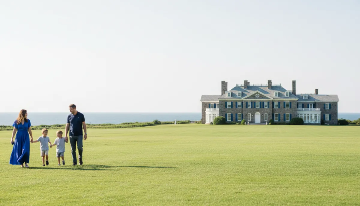 photorealistic bright daytime view of Castle Hill on the Crane Estate in Ipswich, Massachusetts, family walking across the lawn with the mansion and ocean in the distance, colors accented with royal blue #19469d, dark navy #0c0f24, dark gray #58595b, and light grey #e2e3e4