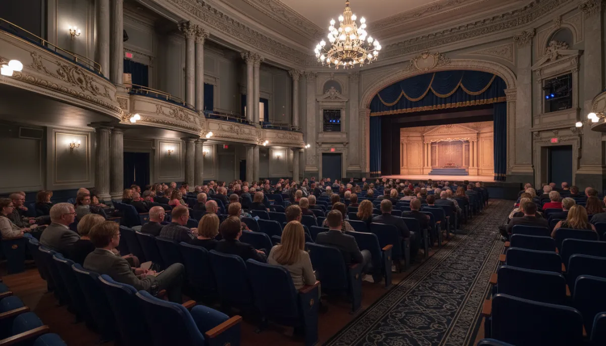 photorealistic evening interior of a historic North Shore theater in Beverly Massachusetts, warm stage lights, audience taking their seats, subtle accents in royal blue #19469d, dark navy #0c0f24, dark gray #58595b, and light grey #e2e3e4
