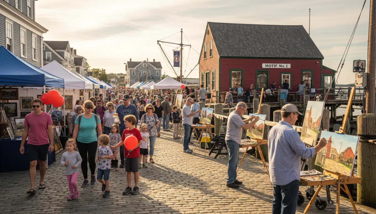 photorealistic sunny street scene in downtown Rockport Massachusetts during an outdoor arts festival, artists painting near the red Motif No. 1 fishing shack, families walking and browsing, bright professional lighting with accents of royal blue #19469d, dark navy #0c0f24, dark gray #58595b, and light grey #e2e3e4