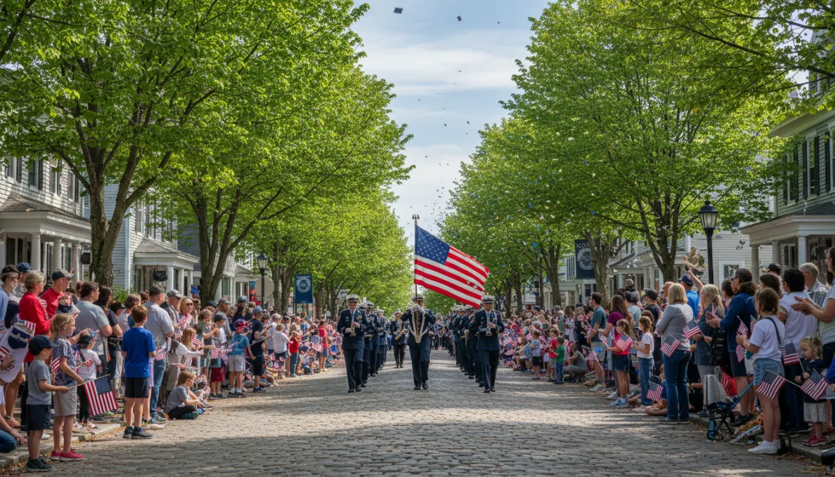 photorealistic small-town Memorial Day parade scene on the North Shore of Massachusetts, children and adults watching from a tree-lined street with American flags and late-spring greenery, bright professional lighting with accents of royal blue #19469d, dark navy #0c0f24, dark gray #58595b, and light grey #e2e3e4