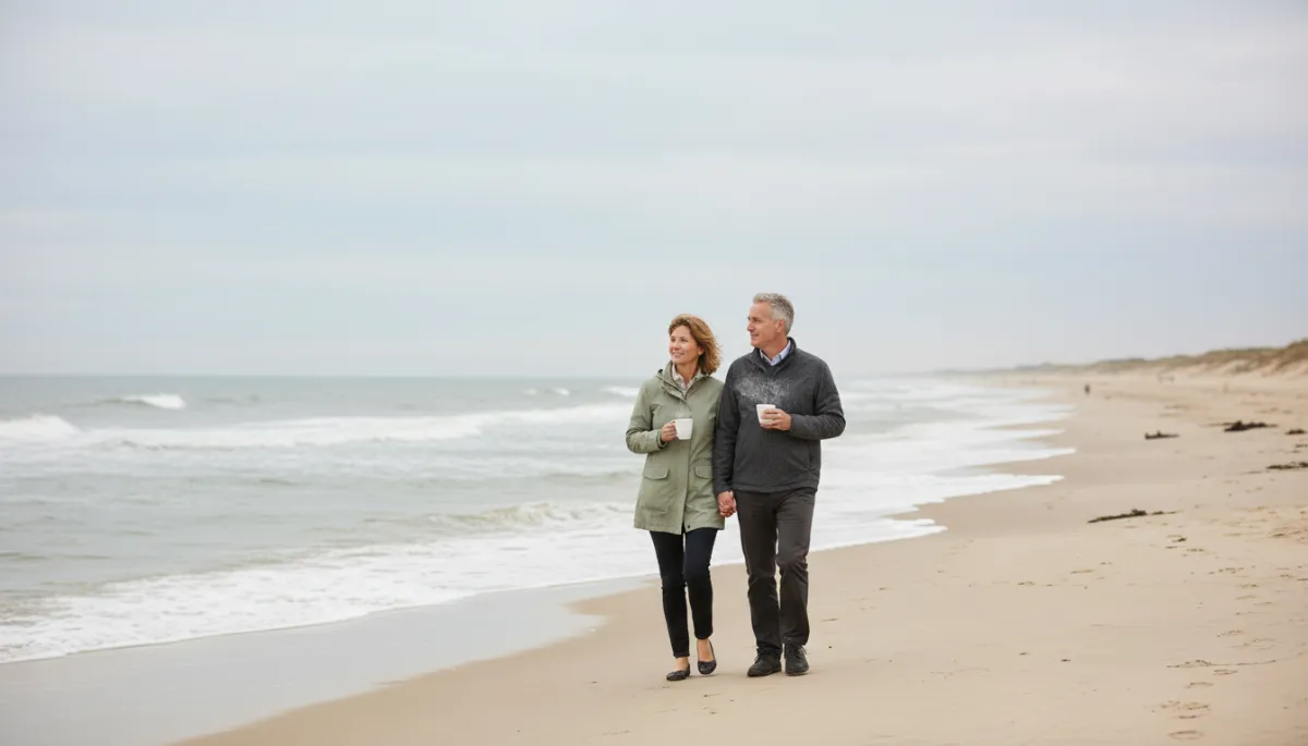 Couple walking with coffee along Crane Beach on a quiet day