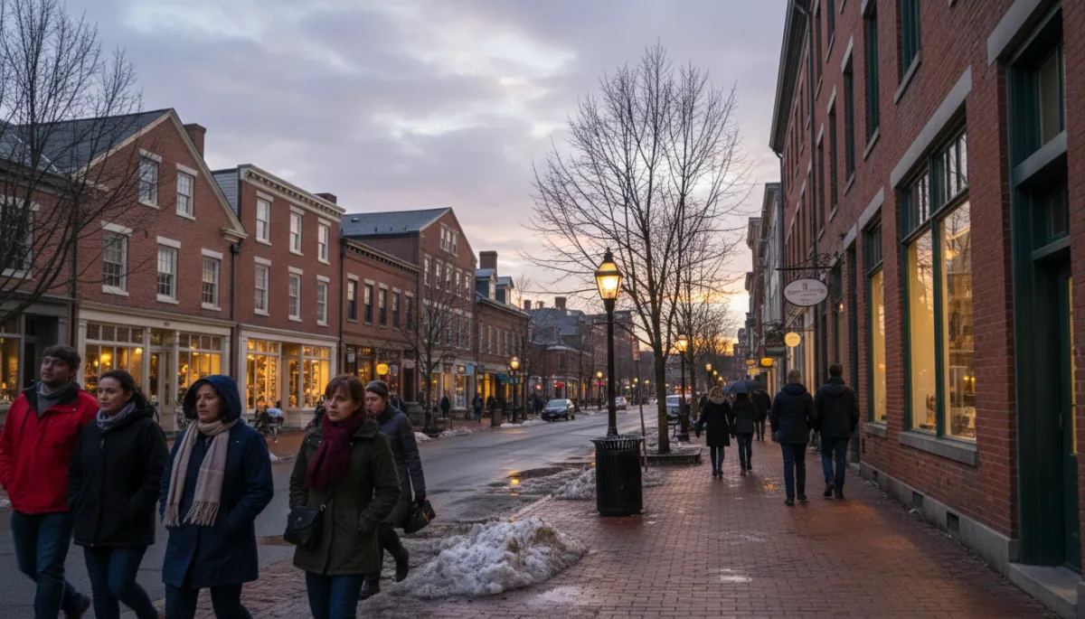 Photorealistic seasonal downtown Newburyport scene with people walking along brick sidewalks