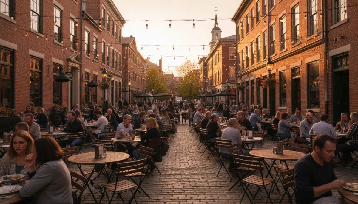 Photorealistic view of outdoor dining in downtown Newburyport MA