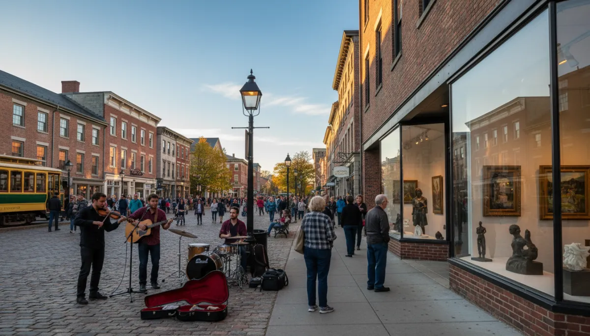 Photorealistic view of Market Square with music and arts activity
