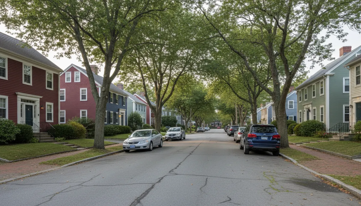 Photorealistic residential street with colonial homes in Newburyport MA