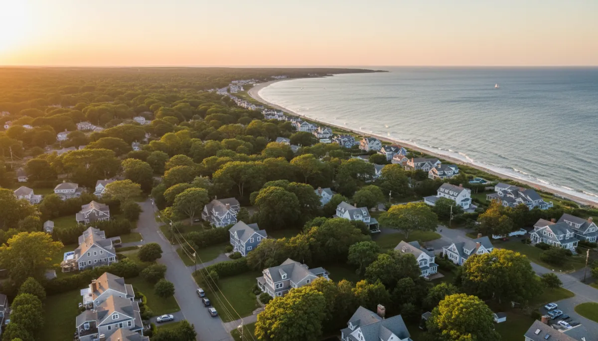 Aerial view of a coastal North Shore MA neighborhood at sunset