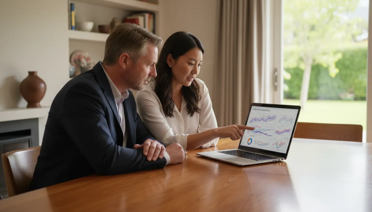 Couple reviewing AI real estate analytics with their agent at home