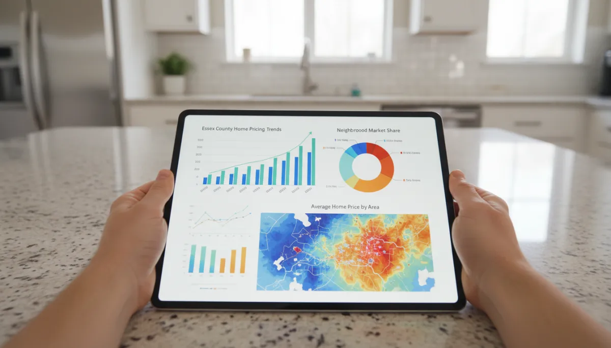 Tablet showing AI real estate pricing and neighborhood analytics