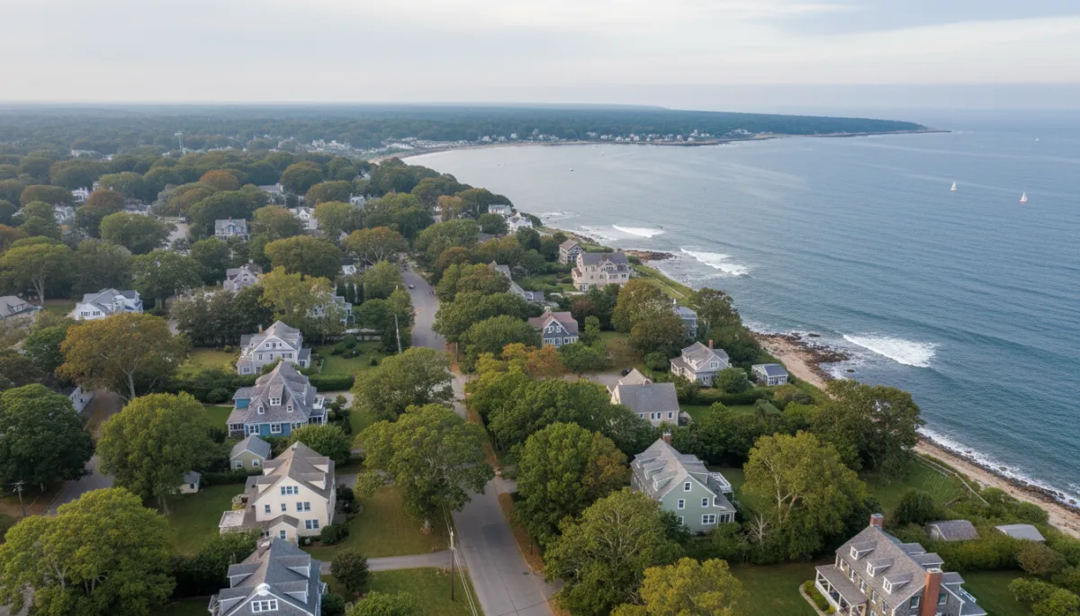 Aerial view of a North Shore coastal neighborhood with homes and ocean nearby