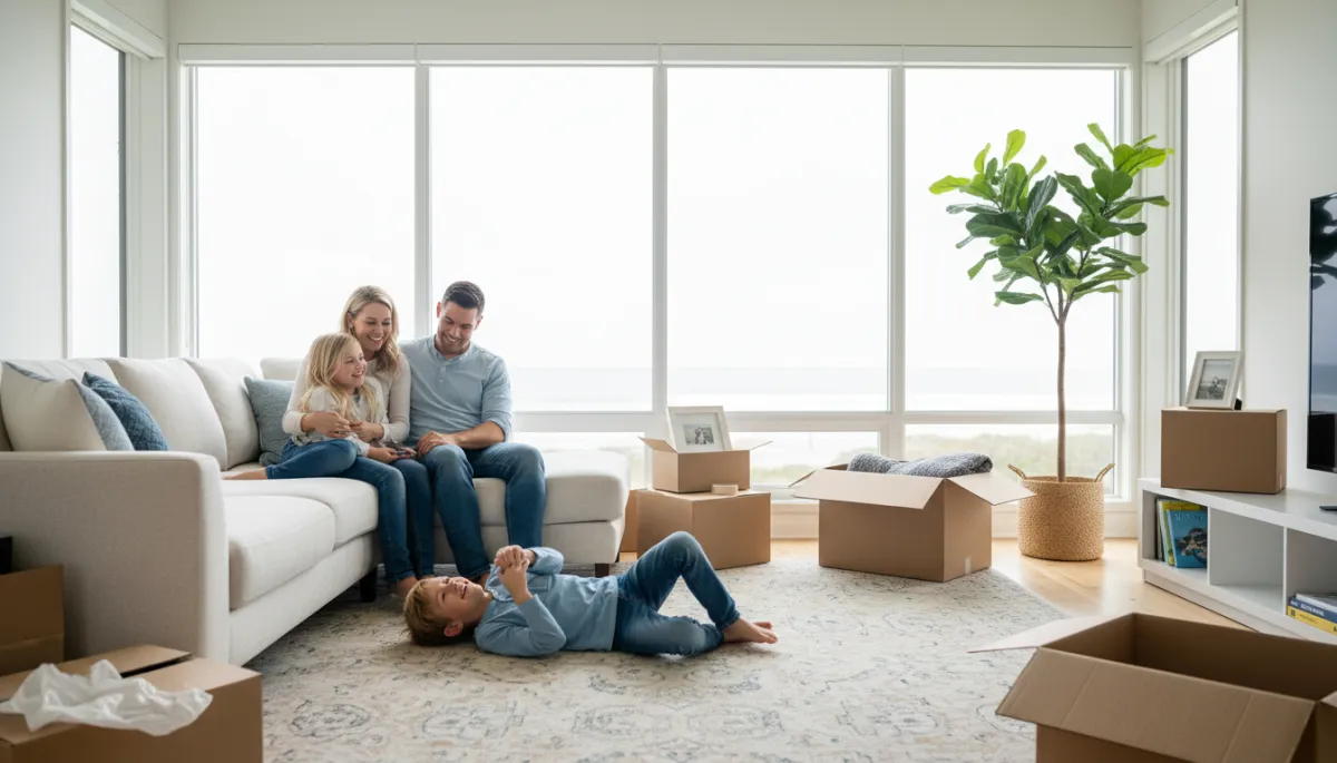 Family relaxing in their new North Shore living room among partially unpacked moving boxes