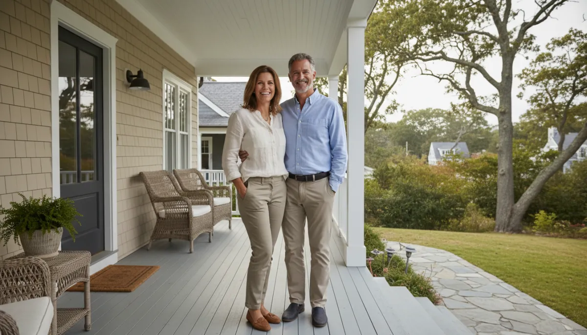 Couple standing on the porch of their new North Shore home, smiling