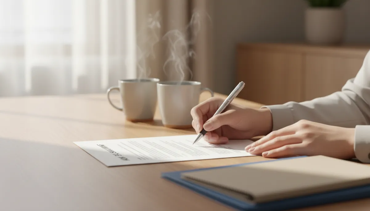 photorealistic neutral-toned close-up of hands signing home purchase documents at a wooden table, with coffee mugs and a small stack of real estate folders nearby, bright natural light