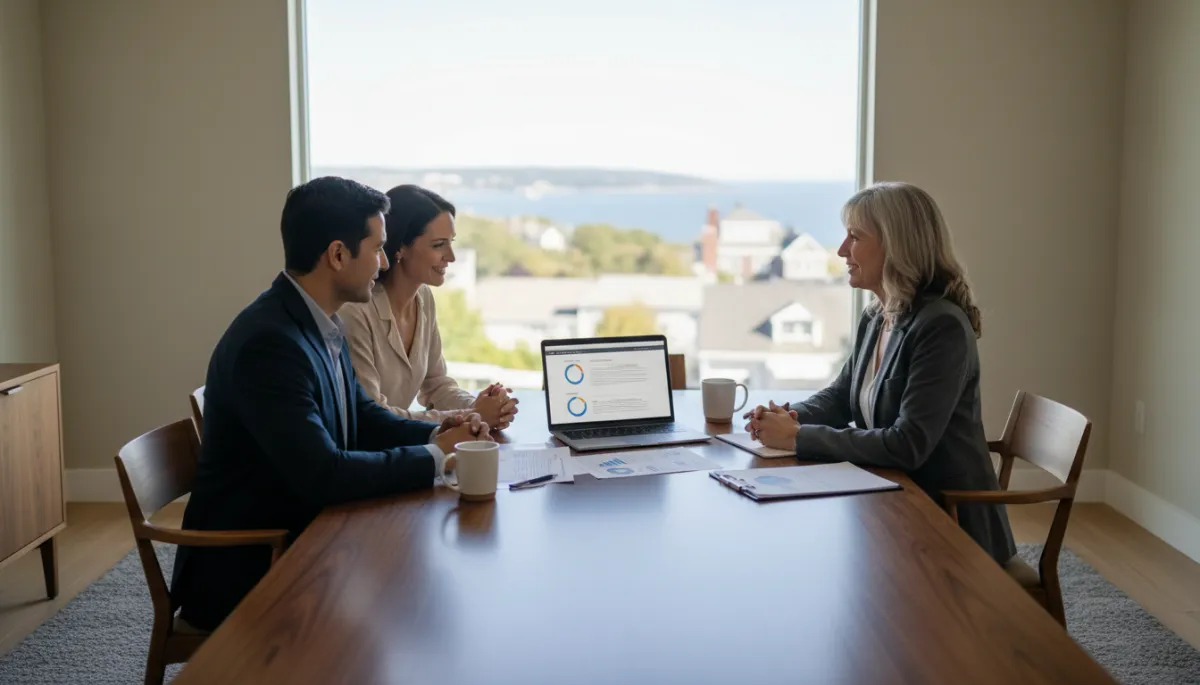 photorealistic well-lit scene of a couple sitting at a table with a local real estate agent reviewing mortgage pre-approval documents on a laptop, neutral tones, North Shore Massachusetts setting visible through window