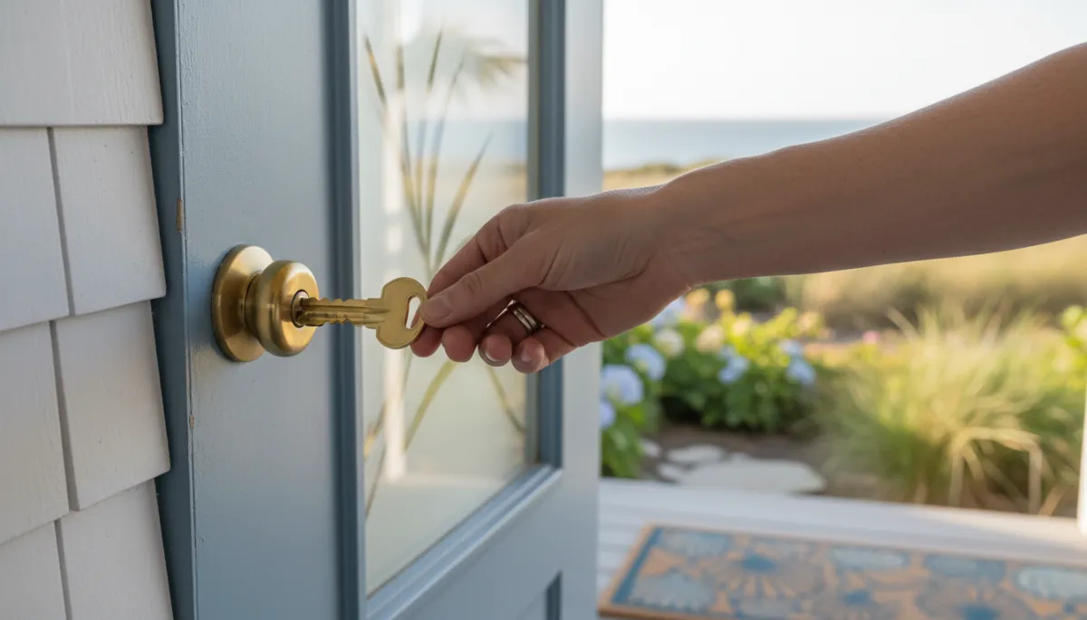 photorealistic close-up of a hand holding a new house key at the front door of a modest North Shore home, soft natural light, neutral colors, subtle coastal details