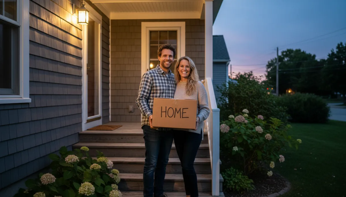 photorealistic wide shot of a smiling couple standing on the front steps of their modest North Shore home at dusk, porch light on, holding a small moving box, neutral and warm lighting