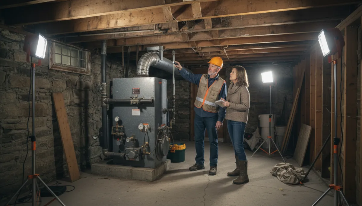photorealistic home inspector and buyer walking through the basement of an older New England house, pointing at exposed beams and heating system, bright work lights, neutral tones