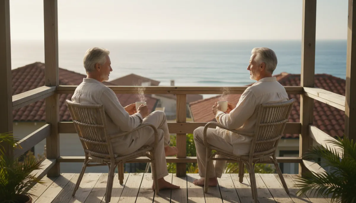 Couple enjoying coffee on the porch of a smaller coastal home