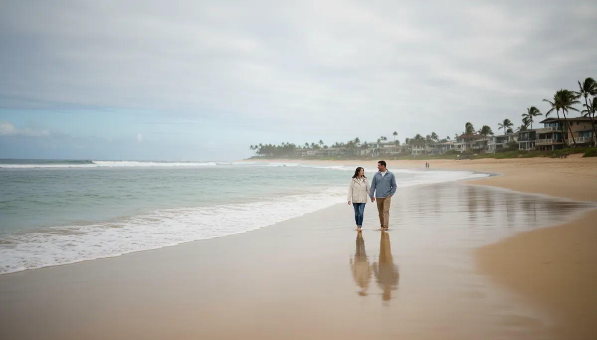 Couple walking along a North Shore beach