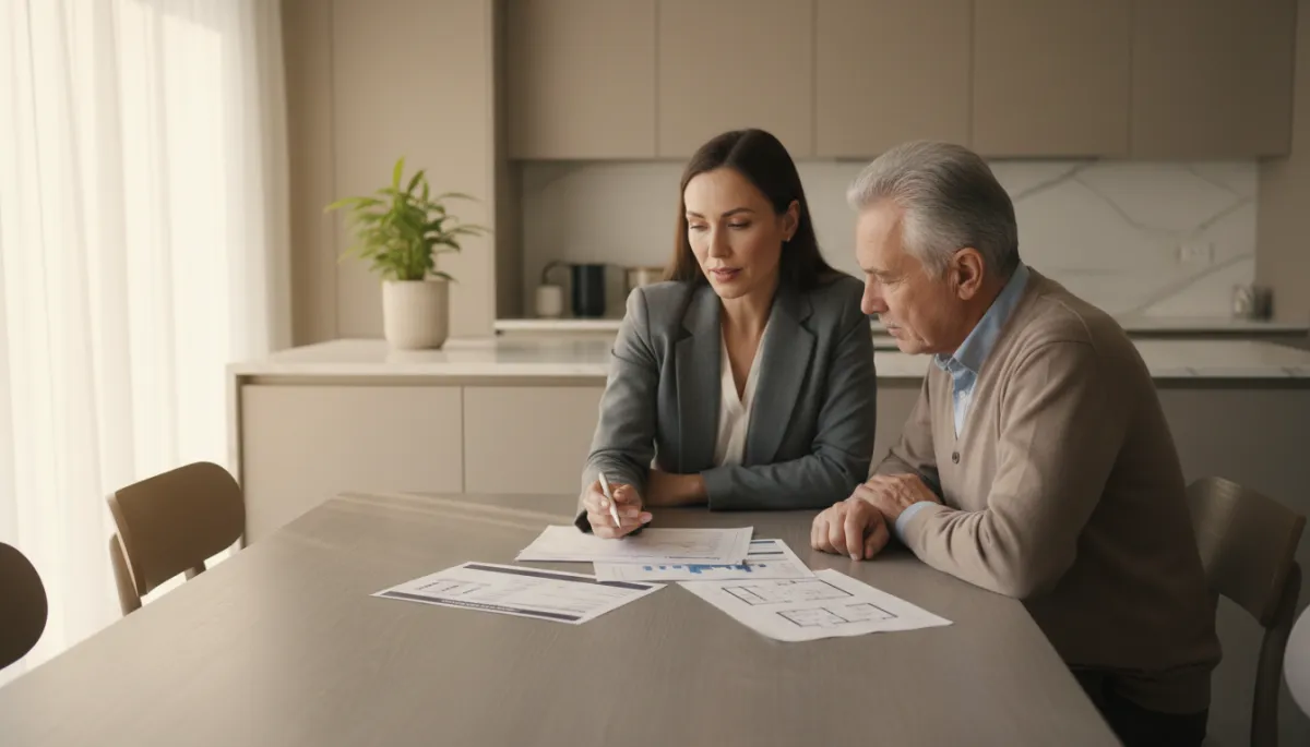 Agent meeting with older couple to discuss downsizing