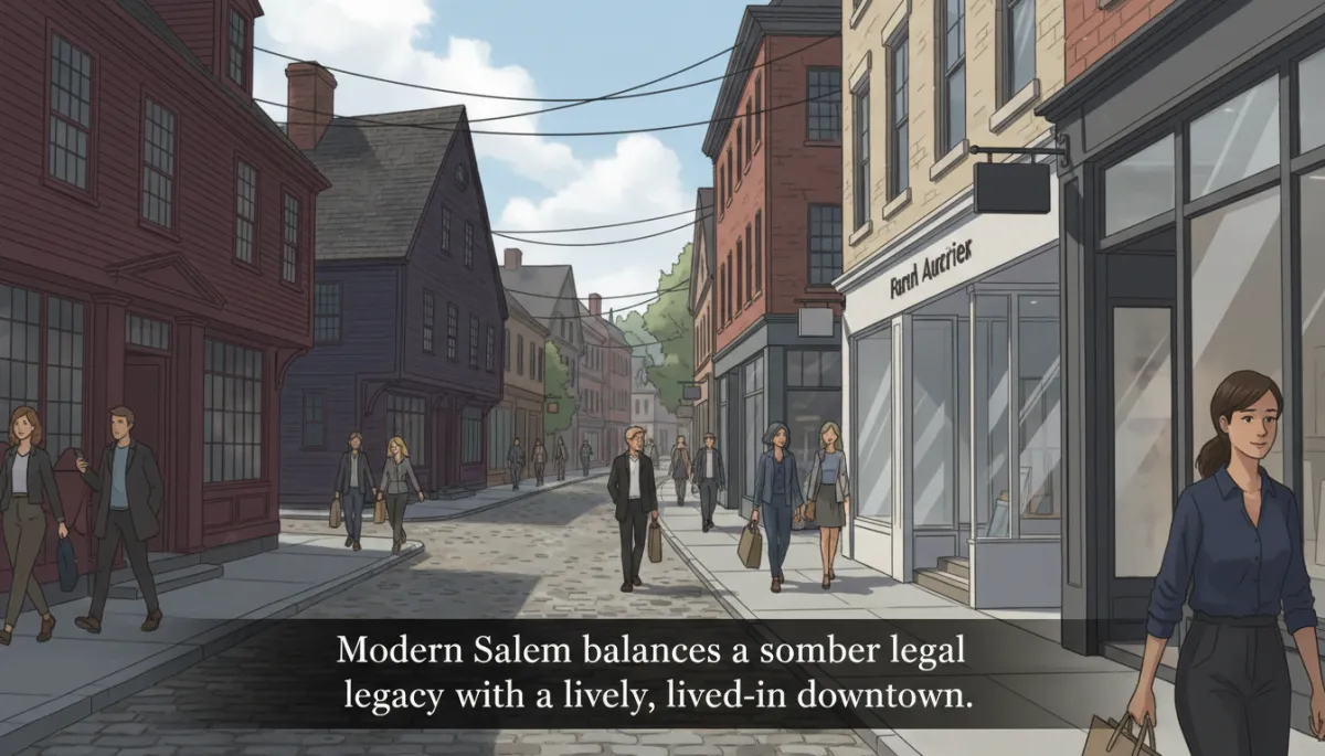 A photo of downtown Salem, Massachusetts, showing a blend of historic architecture and modern storefronts with people casually walking. Overlay the caption 'Modern Salem balances a somber legal legacy with a lively, lived-in downtown.' in a tasteful serif font at the bottom or lower third, with a gentle dark gradient fade behind the text for readability.