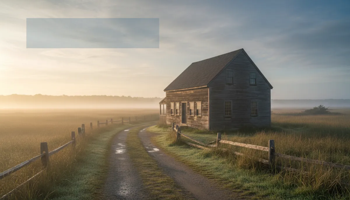 professional photorealistic early morning scene of a weathered 17th century saltbox house in Ipswich Massachusetts, soft coastal light, mist over marshes, narrow street in foreground, subtle text overlay area in sky