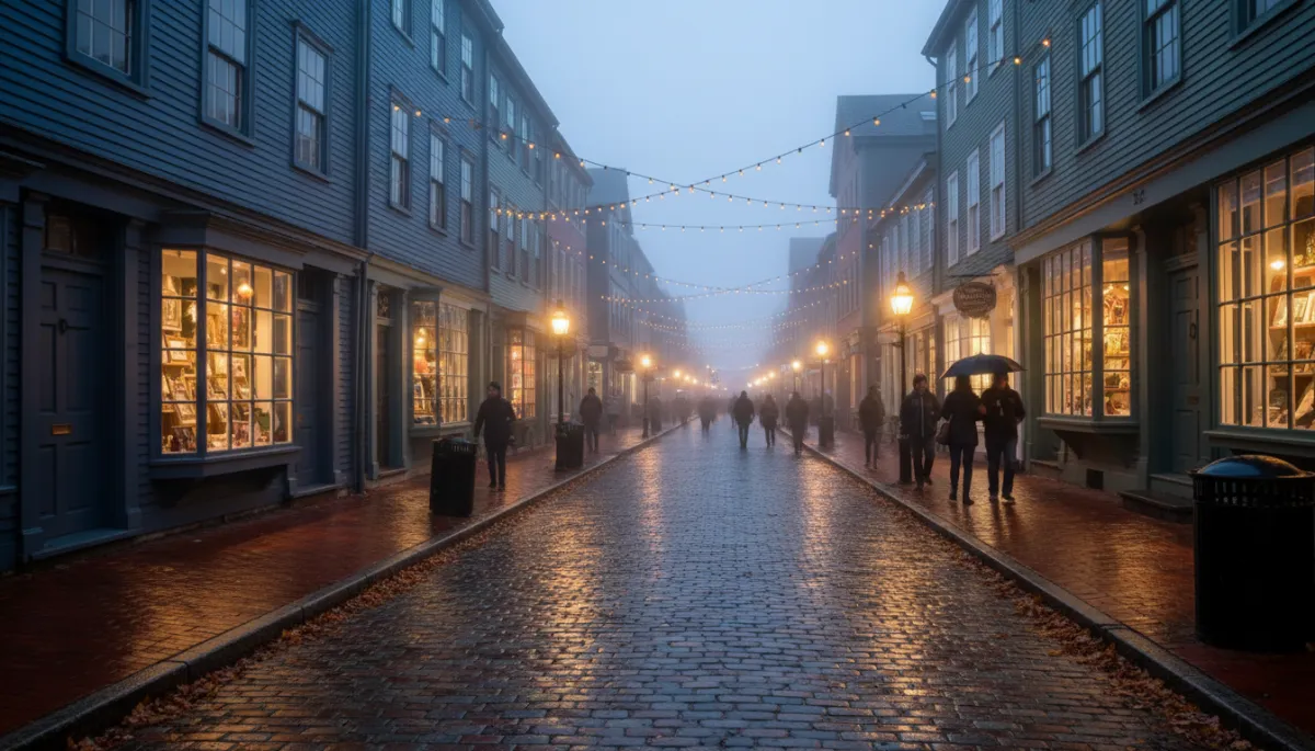 photorealistic twilight street scene in Salem Massachusetts, brick sidewalks and historic buildings along Essex Street, soft glow from shop windows, light October fog and scattered fallen leaves, a mix of locals and visitors strolling under string lights