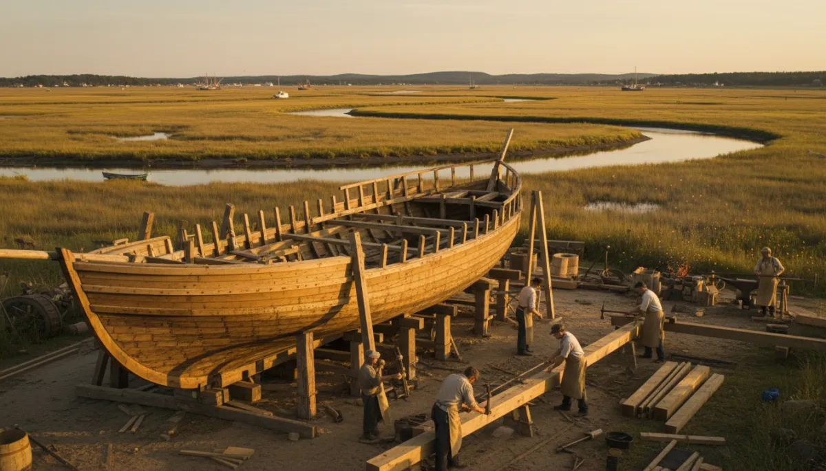 Historic-style wooden schooner under construction at an Essex riverside yard
