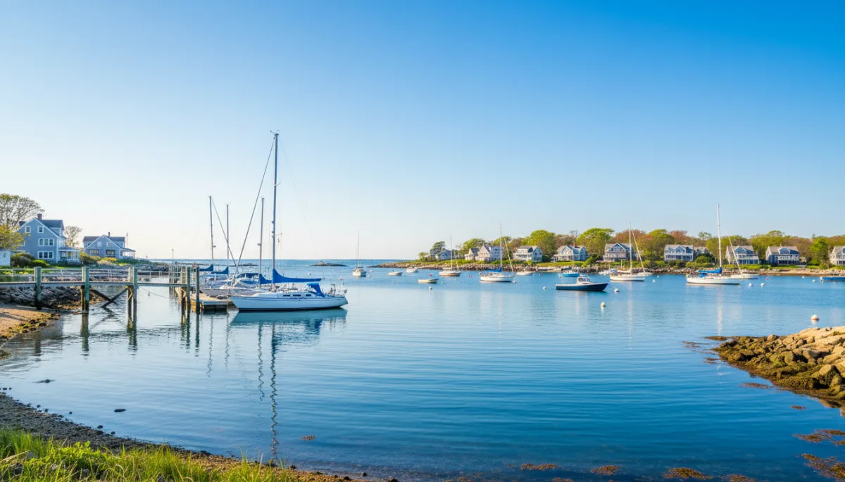 Calm harbor waterfront in Essex County Massachusetts on a clear spring morning