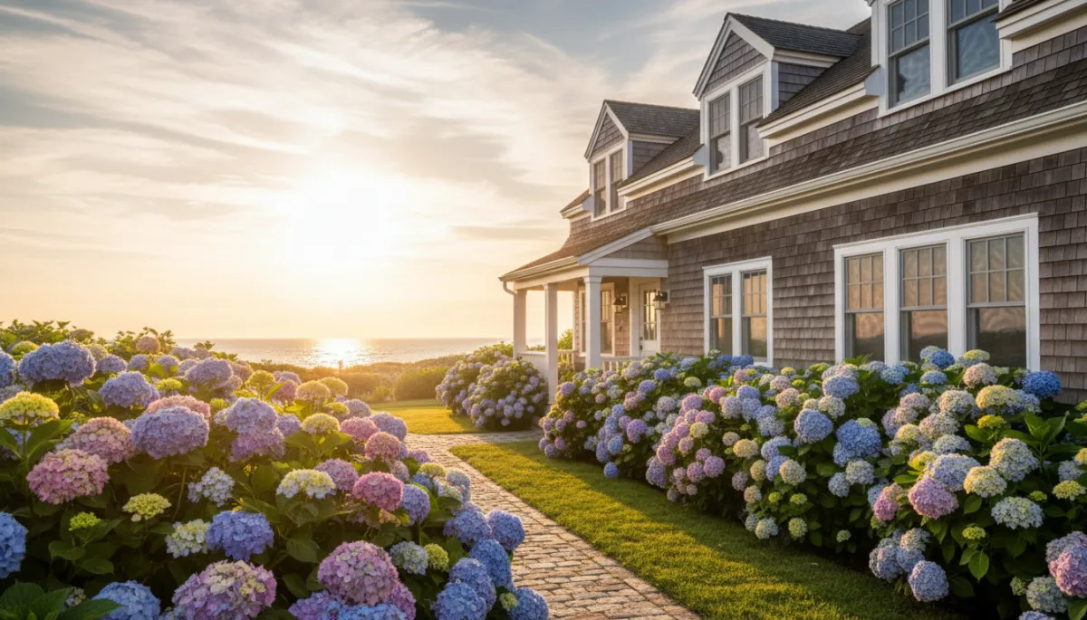Warm golden hour exterior of a coastal New England home on the North Shore Massachusetts
