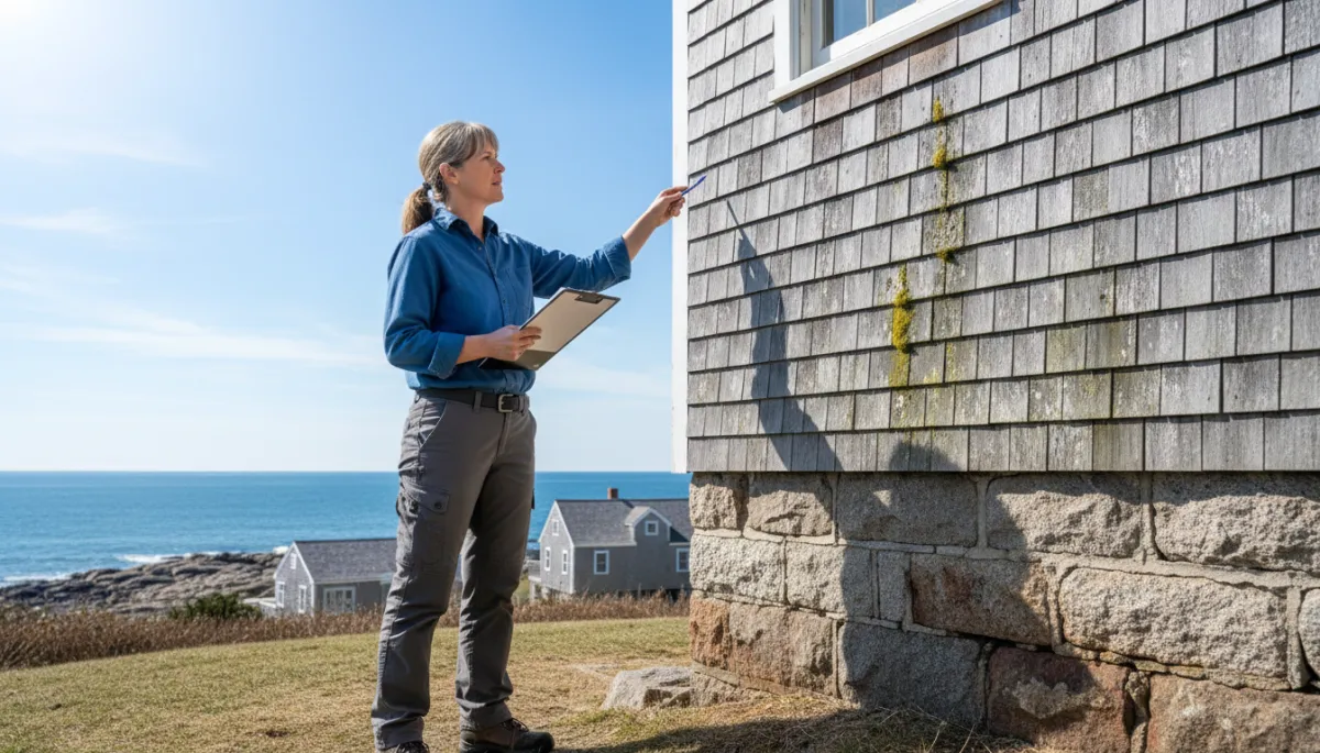 Home inspector examining older New England coastal property on the North Shore Massachusetts