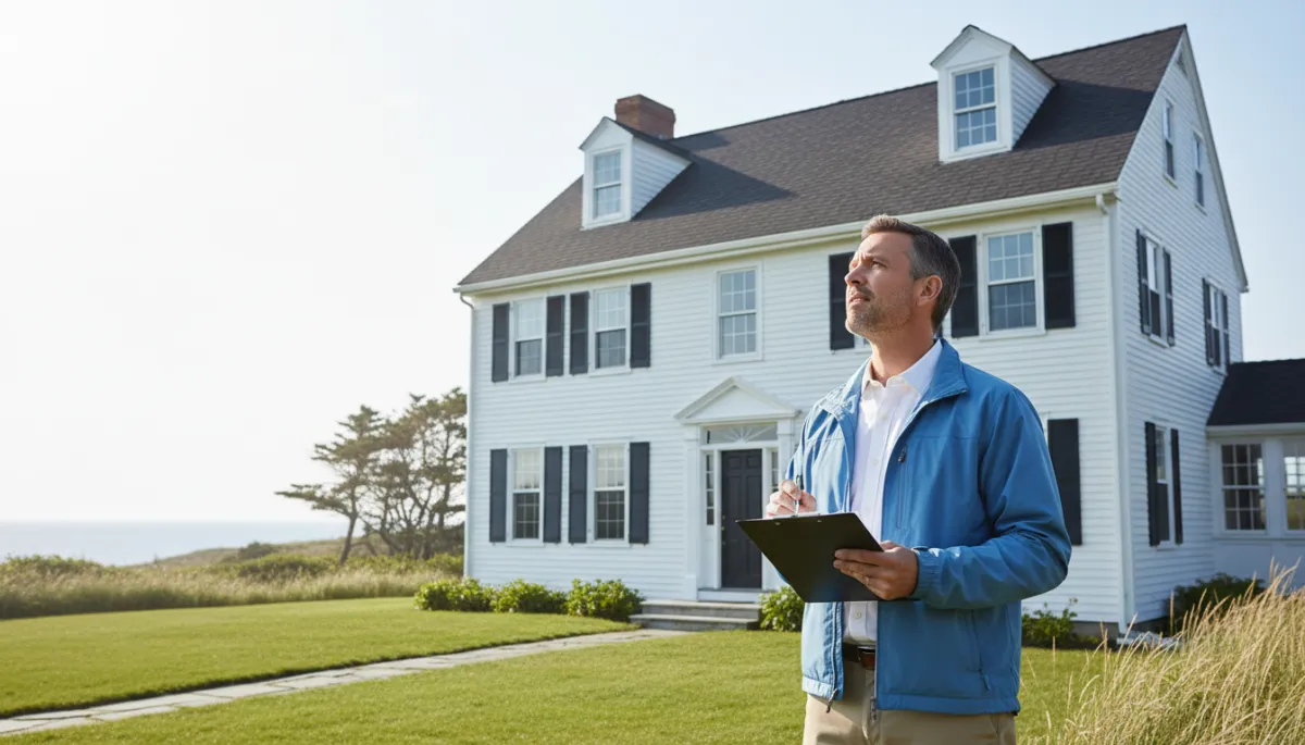 Home inspector reviewing a New England Colonial style home exterior in North Shore Massachusetts