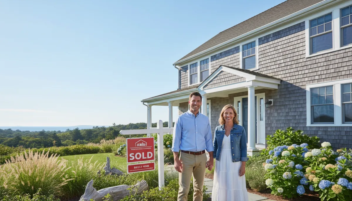 Couple celebrating in front of a sold sign at a North Shore colonial home