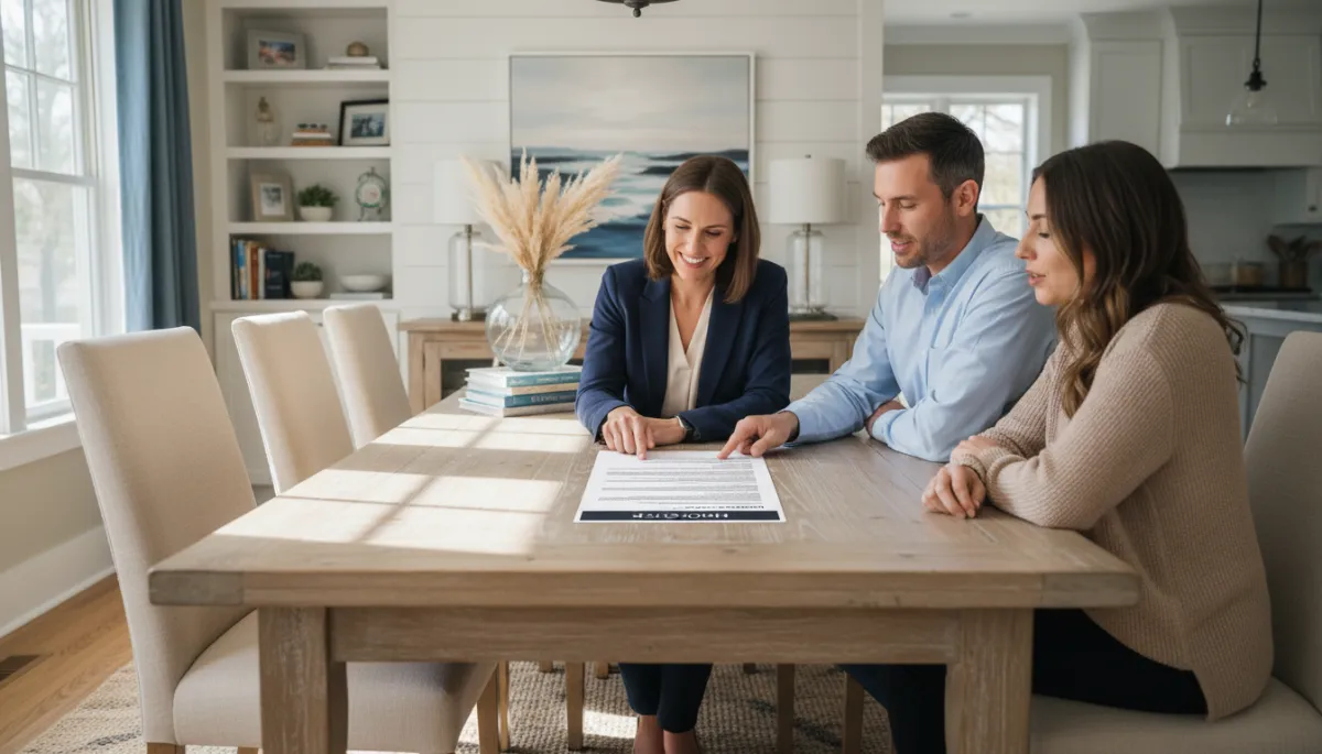 Real estate agent and buyers reviewing a home offer document in a North Shore home