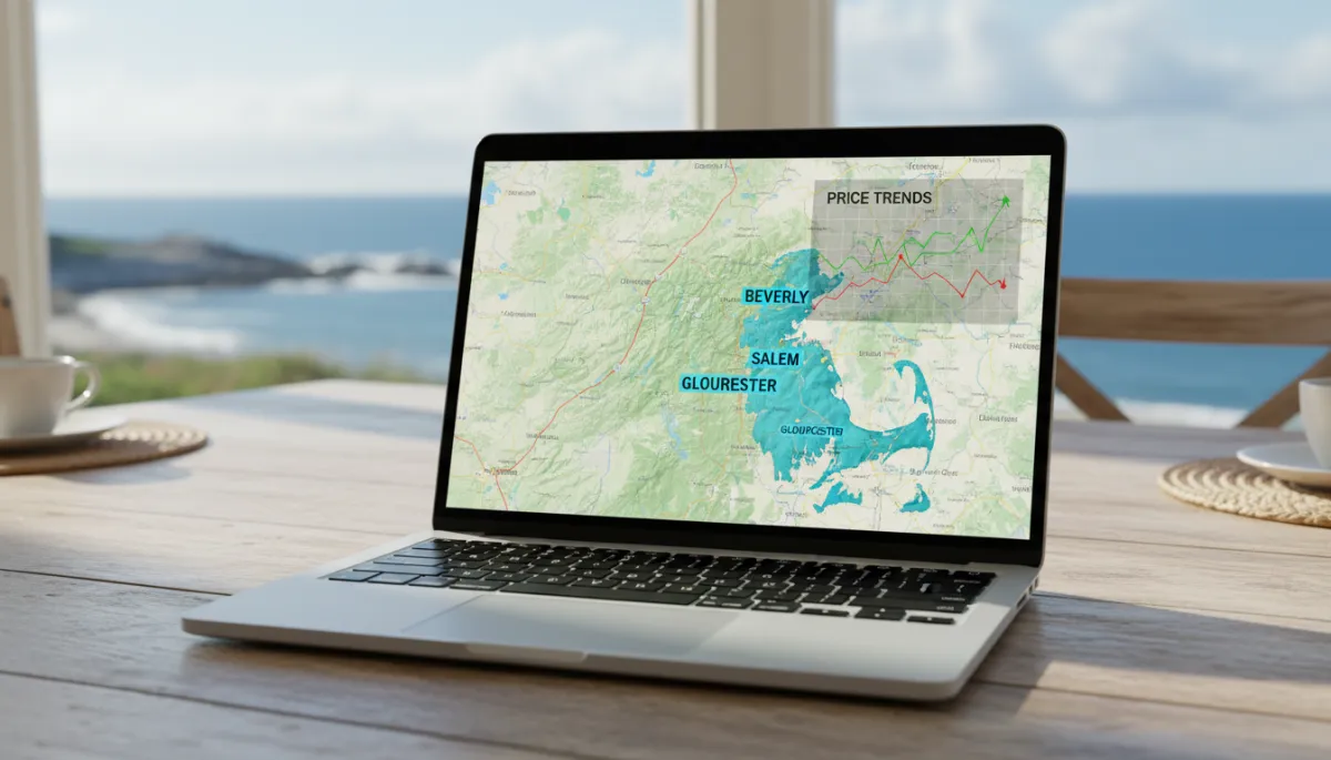 Photorealistic laptop displaying AI-driven Essex County MA housing trend maps and price charts on a dining table
