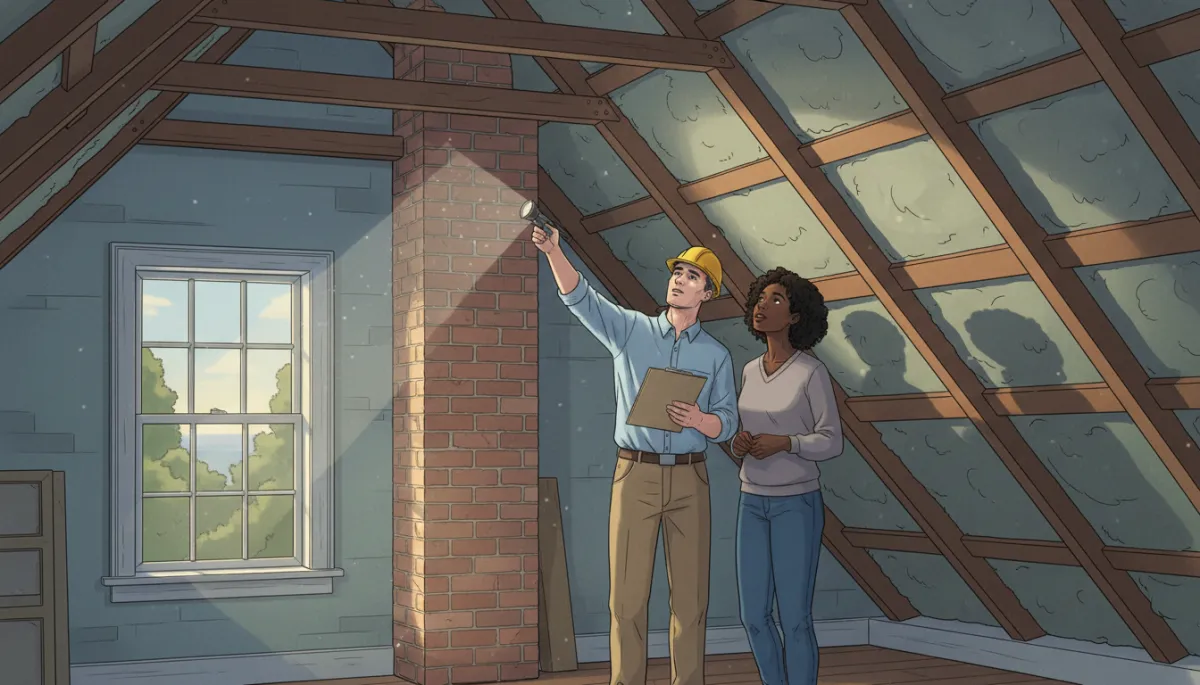 A home inspector examining rafters and insulation in an older North Shore Massachusetts attic, with a first-time Black couple observing attentively. The inspector is pointing out details in the attic to the couple, who are engaged and listening, maintaining a professional atmosphere. The setting is well-lit, showing period architectural details typical of coastal Massachusetts homes.