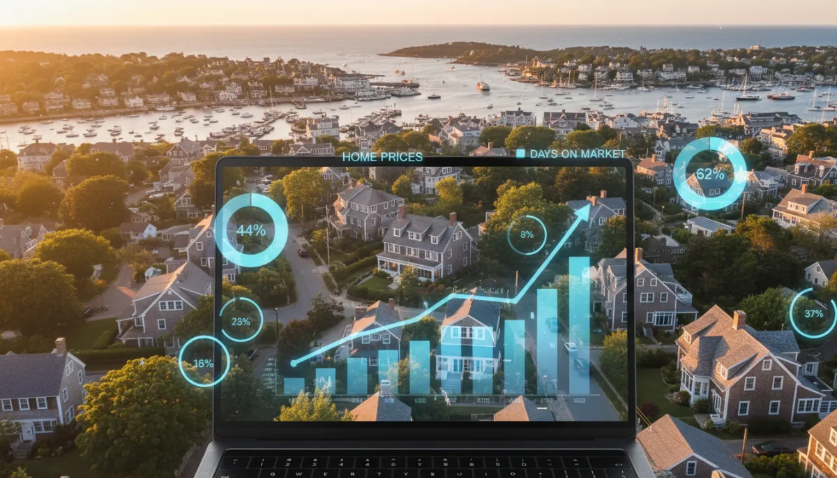 A brighter, photorealistic aerial early evening or golden hour view of a New England coastal neighborhood on Boston's North Shore, with classic shingled homes near the harbor, overlaid with subtle translucent data graphics and charts on home prices and days on market on a laptop screen in the foreground. The lighting should be warm and inviting, with well-lit homes and visible neighborhood details.