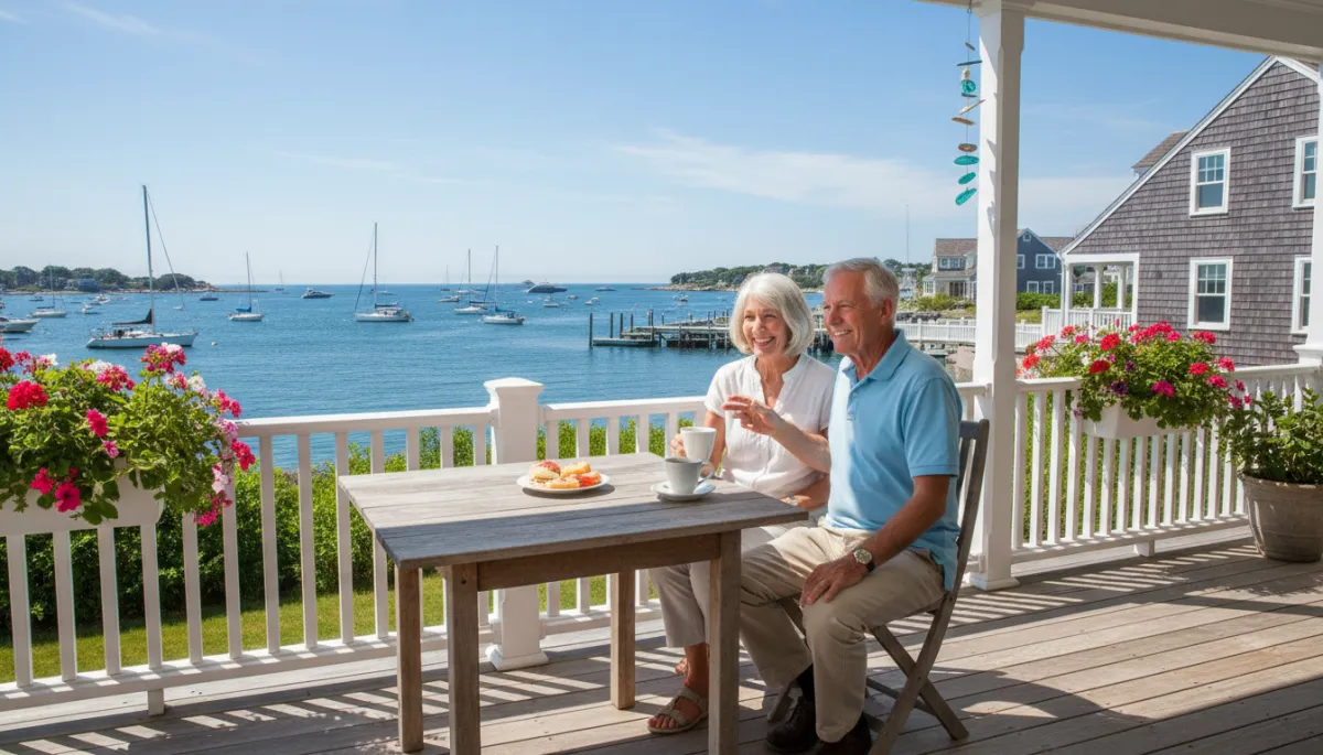 A vibrant, natural photograph of an older couple enjoying coffee on the sunlit porch of a single-story coastal North Shore home, with blue skies and a lively harbor view. Colors should be clean, bright, and true-to-life, without any filters or artificial tints.